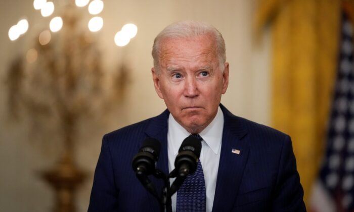 U.S. President Joe Biden speaks about the situation in Afghanistan in the East Room of the White House in Washington on Aug. 26, 2021. (Drew Angerer/Getty Images)
