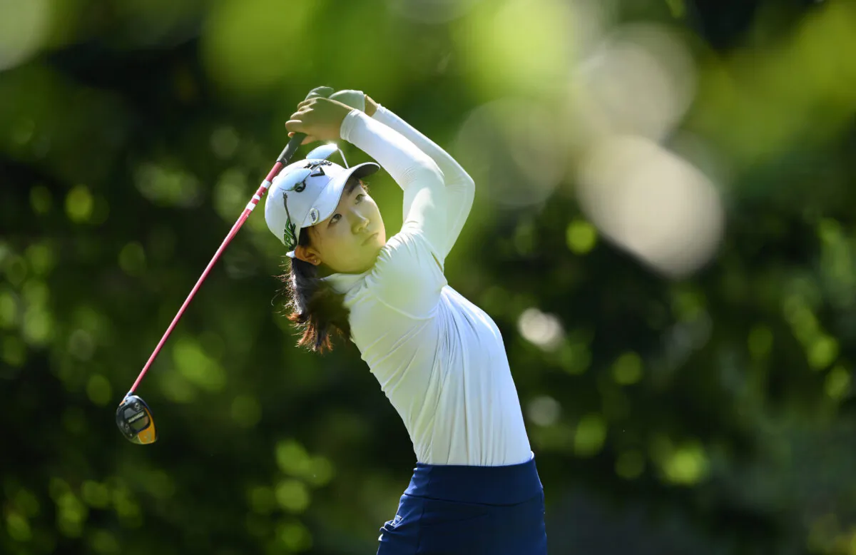 Rose Zhang of The United States tees off on the 3rd hole during day two of the The Amundi Evian Championship at Evian Resort Golf Club in Evian-les-Bains, France, July 23, 2021. (Stuart Franklin/Getty Images)