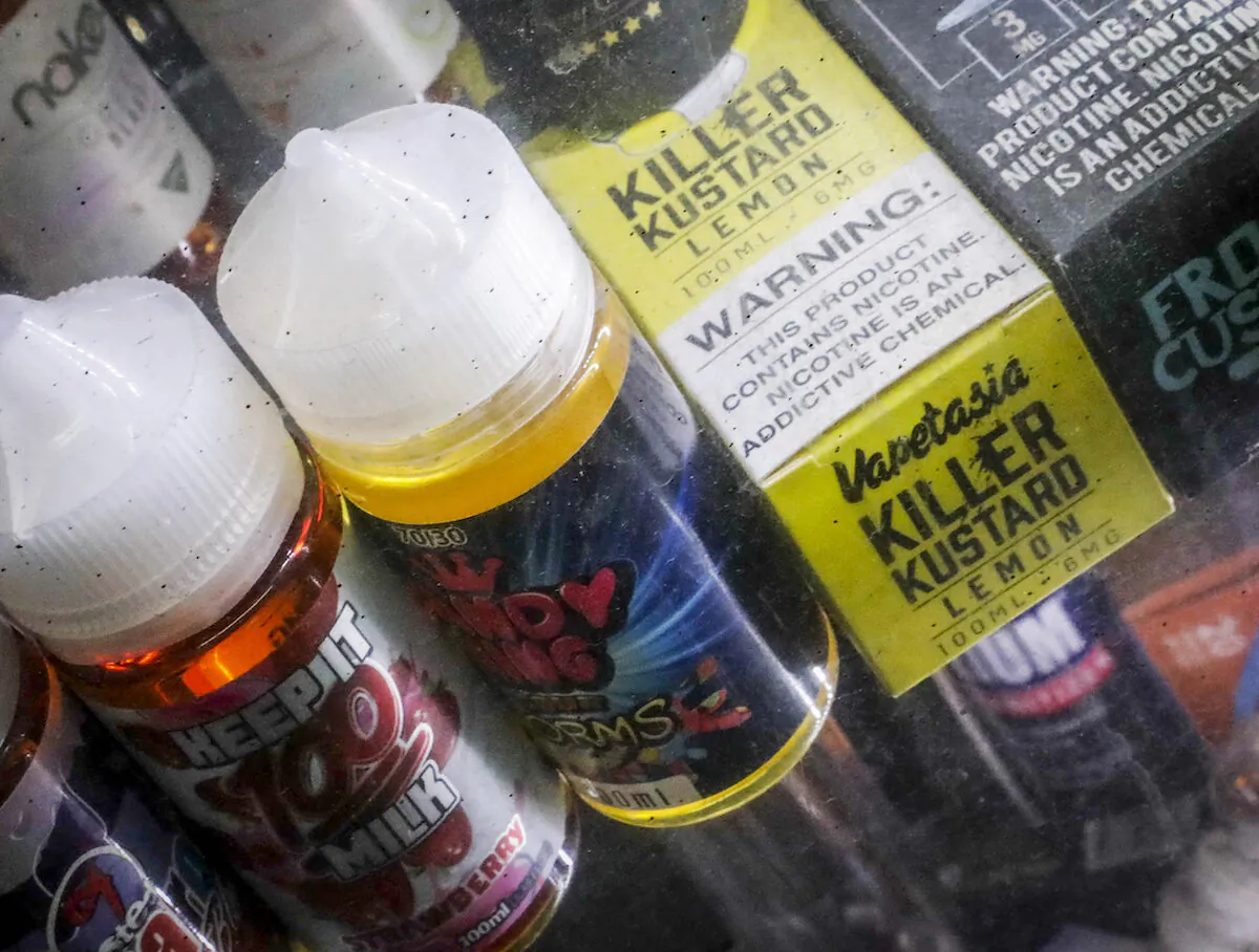 Flavored vaping products are shown in a window display on Sept. 16, 2019. (Bebeto Matthews/AP File Photo)