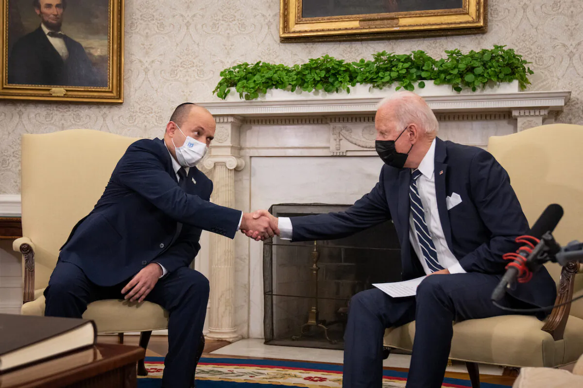 President Joe Biden meets with Israeli Prime Minister Naftali Bennett in the Oval Office at the White House in Washington, on Aug. 27, 2021. (Sarahbeth Maney-Pool/Getty Images)