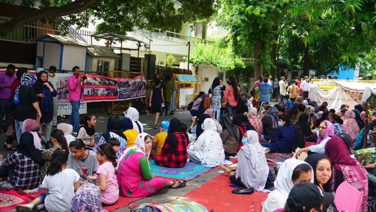 Afghan woman protestors outside the UNHCR office in New Delhi on Aug. 27, 2021. On protest at the site since Aug. 22, they are demanding reopening of closed cases and fast tracking of resettlement. (Naimisha)
