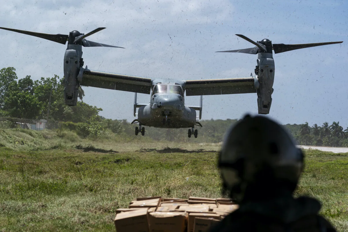 A VM-22 Osprey with a load of aid lands at Jeremie Airport in Jeremie, Haiti, on Aug. 28, 2021. (Alex Brandon/AP Photo)