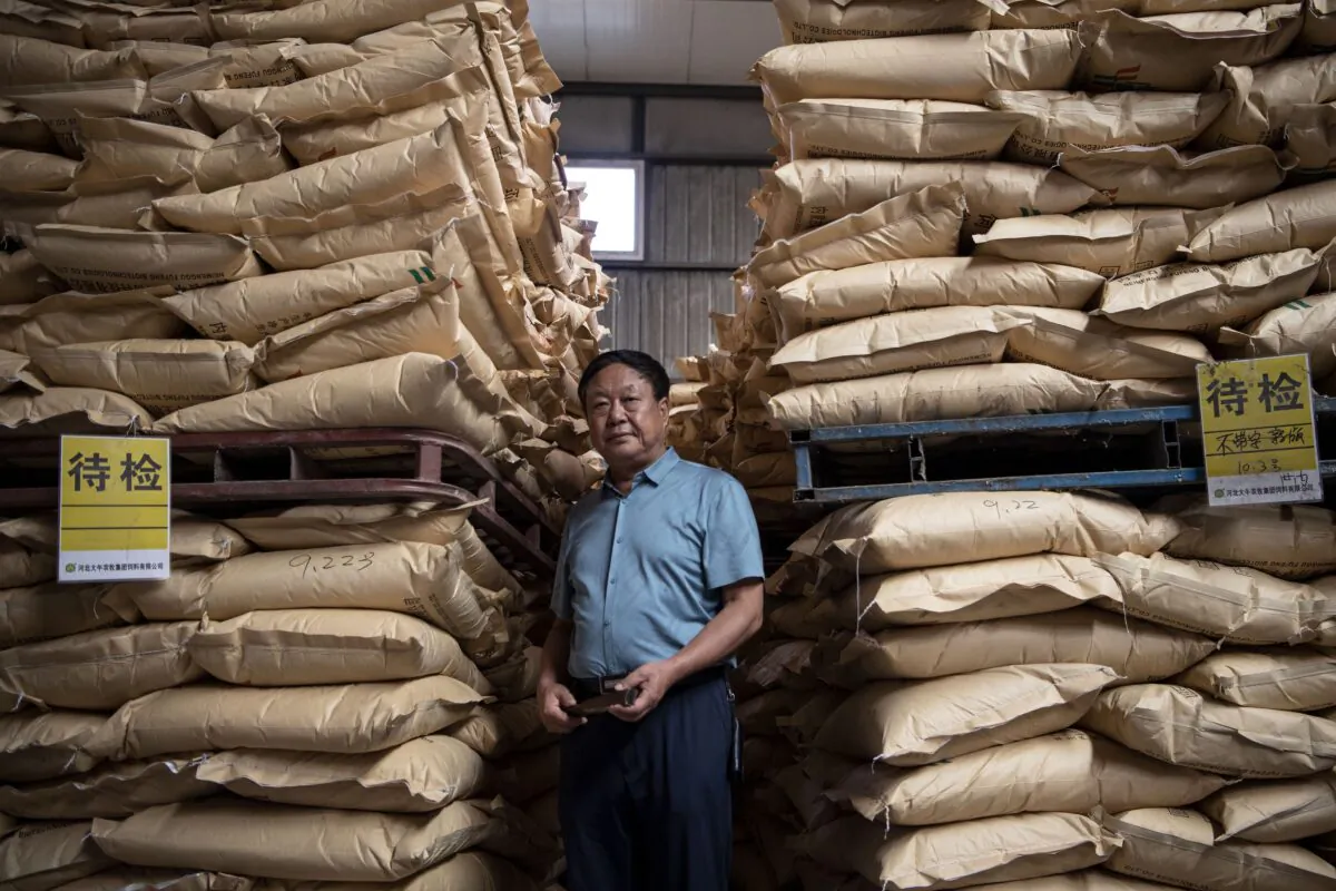 Chinese pig farmer Sun Dawu posing at a feed warehouse in Hebei, outside Beijing, on Sept. 24, 2019. (Noel Celis/AFP via Getty Images)