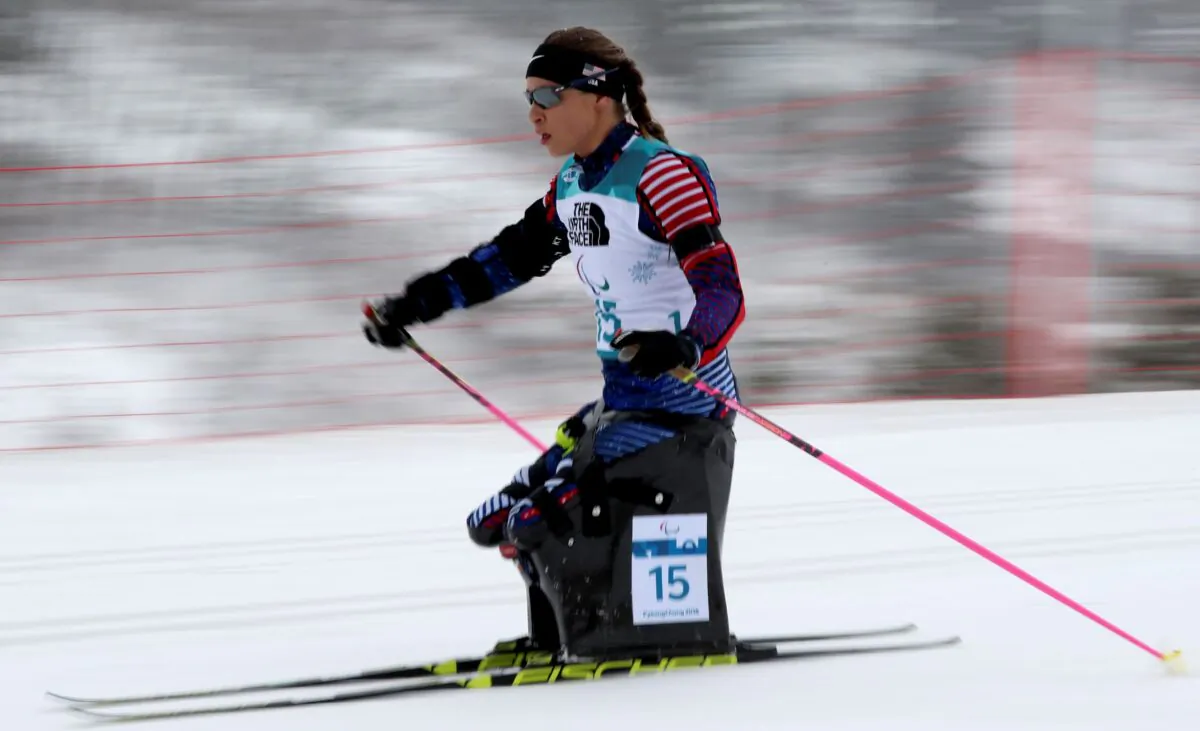 Oksana Masters is on her way to a silver medal in the Biathlon Women's 12.5km Sitting event during the 2018 Winter Paralympics at the Alpensia Biathlon Centre in Pyeongchang, South Korea, on March 16, 2018. (Ng Han Guan/AP Photo)