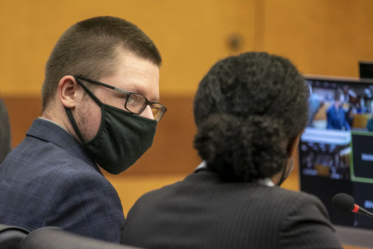 Robert Aaron Long appears in front of Fulton County Superior Court Judge Ural Glanville at the Fulton County Courthouse in downtown Atlanta, Ga., on Aug. 30, 2021. (Alyssa Pointer/Atlanta Journal Constitution via AP)
