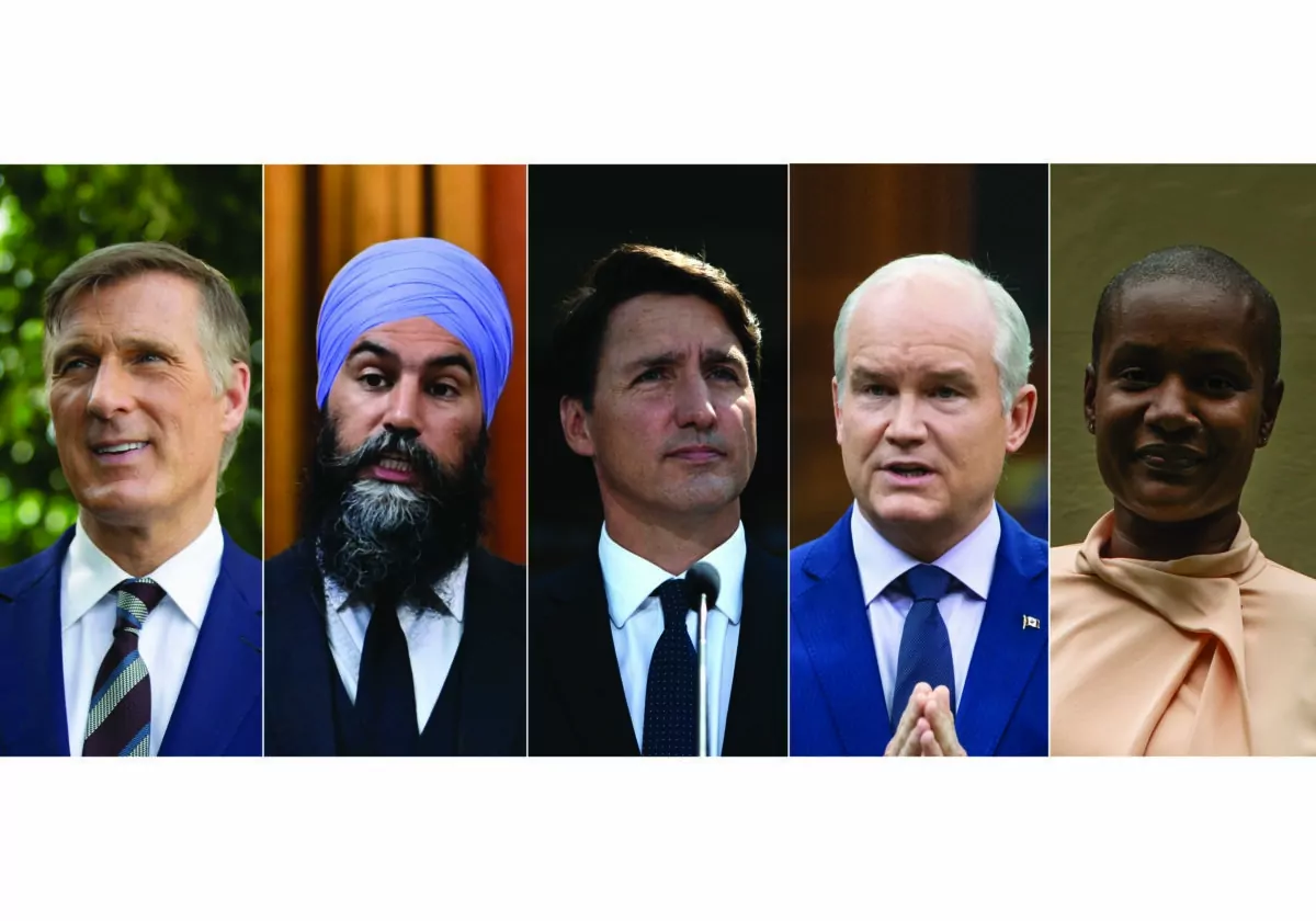 (L-R) People's Party Leader Maxime Bernier, NDP Leader Jagmeet Singh, Liberal Leader Justin Trudeau, Conservative Leader Erin O'Toole, and Green Leader Annamie Paul. (The Canadian Press/ Epoch Times Edit)