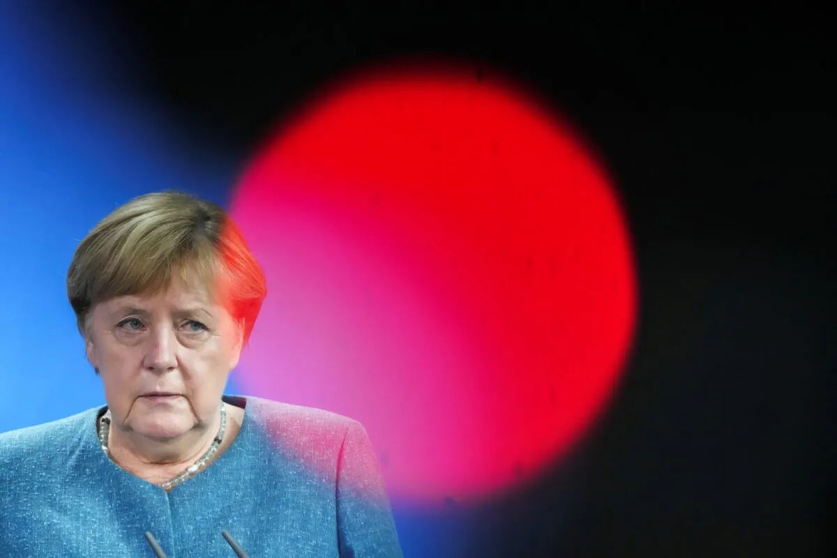 German Chancellor Angela Merkel attends a news conference at the chancellery in Berlin on Aug. 31, 2021. (Kay Nietfeld/Pool via Reuters)