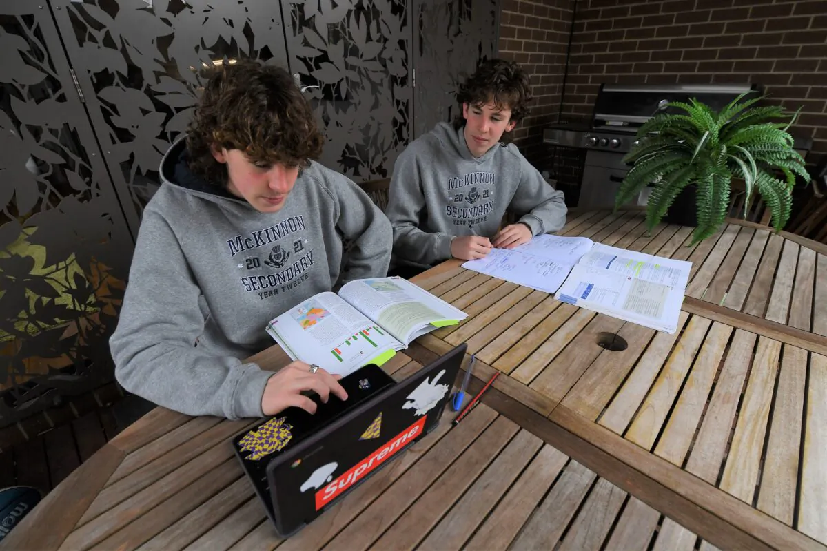 Year 12 students studying for HSC exams at home in their residence in Melbourne, Australia, on Aug. 27, 2021. (AAP Image/James Ross)