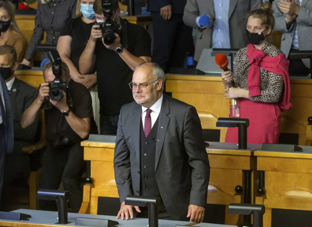 Alar Karis, a former state auditor and university head, delivers his speech at Estonia's Parliament in Tallinn, Estonia, on Aug. 31, 2021. (Raul Mee/AP Photo)