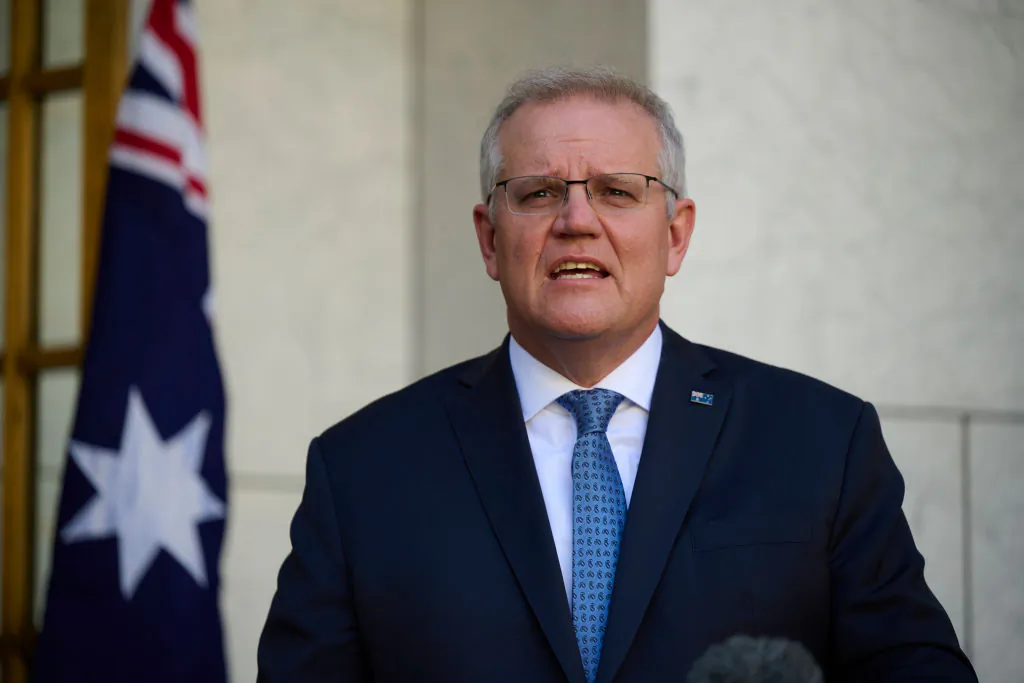 Australian Prime Minister Scott Morrison speaks at a press conference at Parliament House in Canberra on Aug. 23, 2021. (Rohan Thomson/Getty Images)