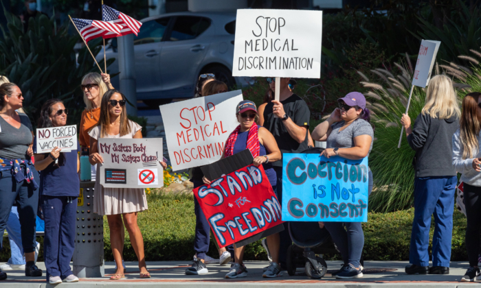 Medical personnel protest manditory vaccines in Orange, Calif., on Aug. 9, 2021. (John Fredricks/The Epoch Times)