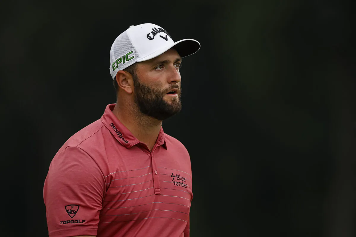 Jon Rahm reacts after a shot on the 16th green during the final round of the BMW Championship golf tournament in Owings Mills, Md., on Aug. 29, 2021. (Scott Taetsch/USA TODAY Sports via Reuters)