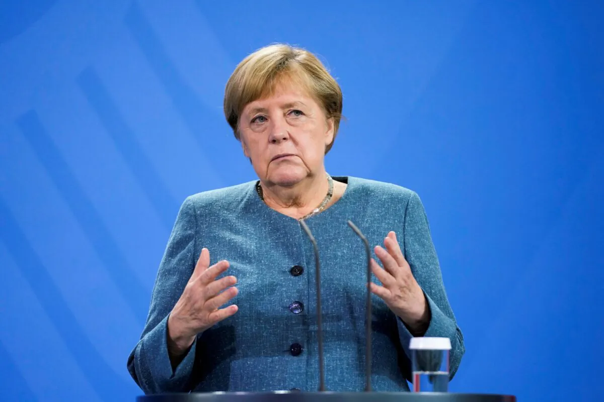 German Chancellor Angela Merkel attends a news conference with Austria's Chancellor Sebastian Kurz prior to a meeting at the chancellery in Berlin, Germany, on August 31, 2021. (Markus Schreiber/Pool via Reuters)