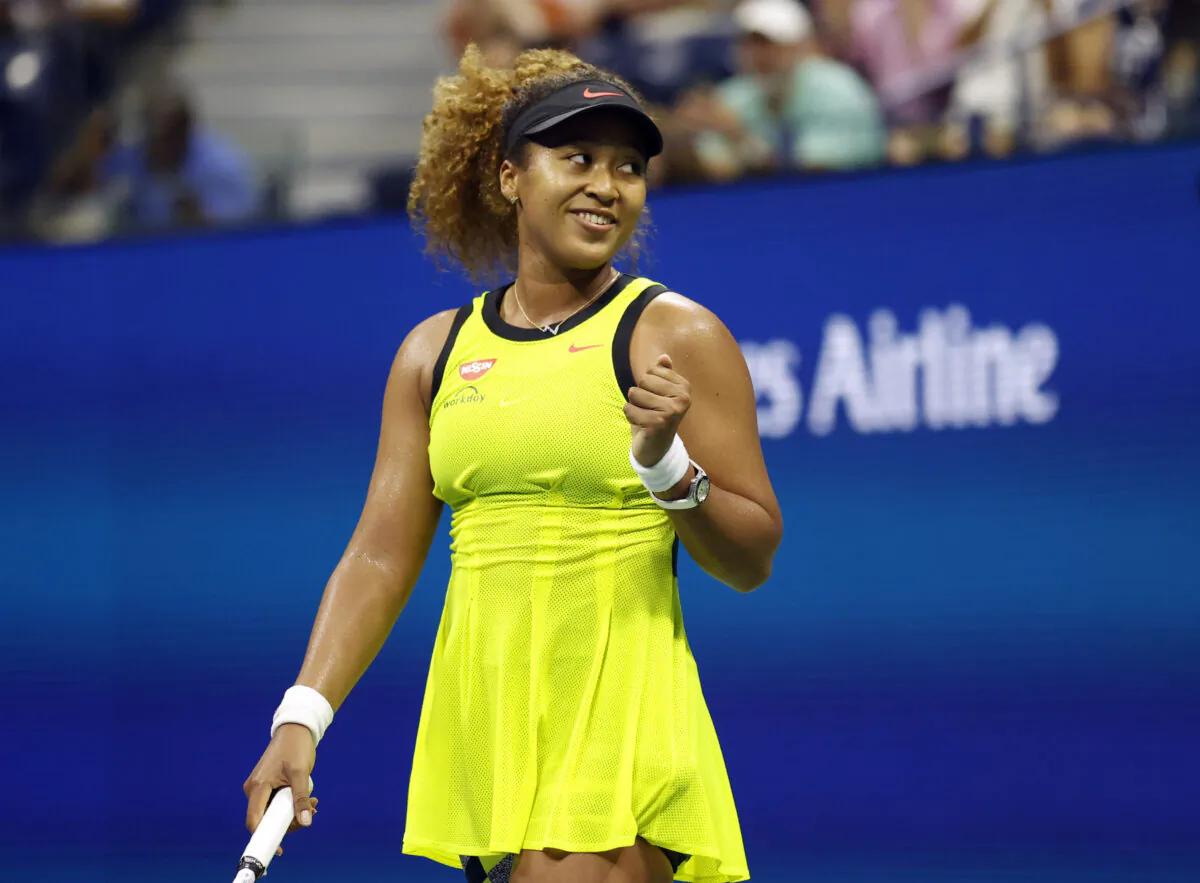 Naomi Osaka of Japan celebrates after recording match point Marie Bouzkova of Czech Republic in the first round on day one of the 2021 U.S. Open tennis tournament at USTA Billie King National Tennis Center in Flushing, New York, on Aug. 30, 2021. (Jerry Lai/USA TODAY Sports via Reuters)