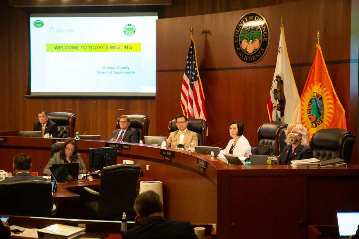 The Orange County Board of Supervisors listen to Orange County residents at a meeting in Santa Ana, Calif., on Aug. 10, 2021. (John Fredricks/The Epoch Times)