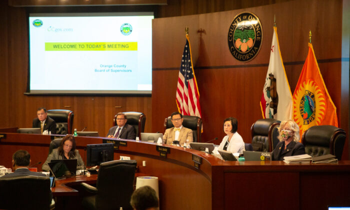 The Orange County Board of Supervisors listen to Orange County residents at a meeting in Santa Ana, Calif., on Aug. 10, 2021. (John Fredricks/The Epoch Times)
