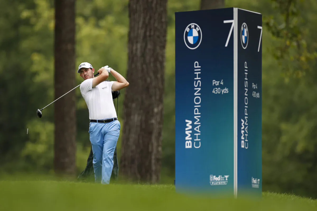 Patrick Cantlay plays his shot from the seventh tee during the final round of the BMW Championship golf tournament in Owings Mills, Md., on Aug. 29, 2021. (Scott Taetsch-USA TODAY Sports via Reuters)