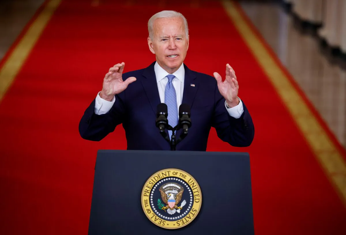 President Joe Biden delivers remarks on Afghanistan during a speech in the State Dining Room at the White House in Washington on Aug. 31, 2021. (Carlos Barria/Reuters)