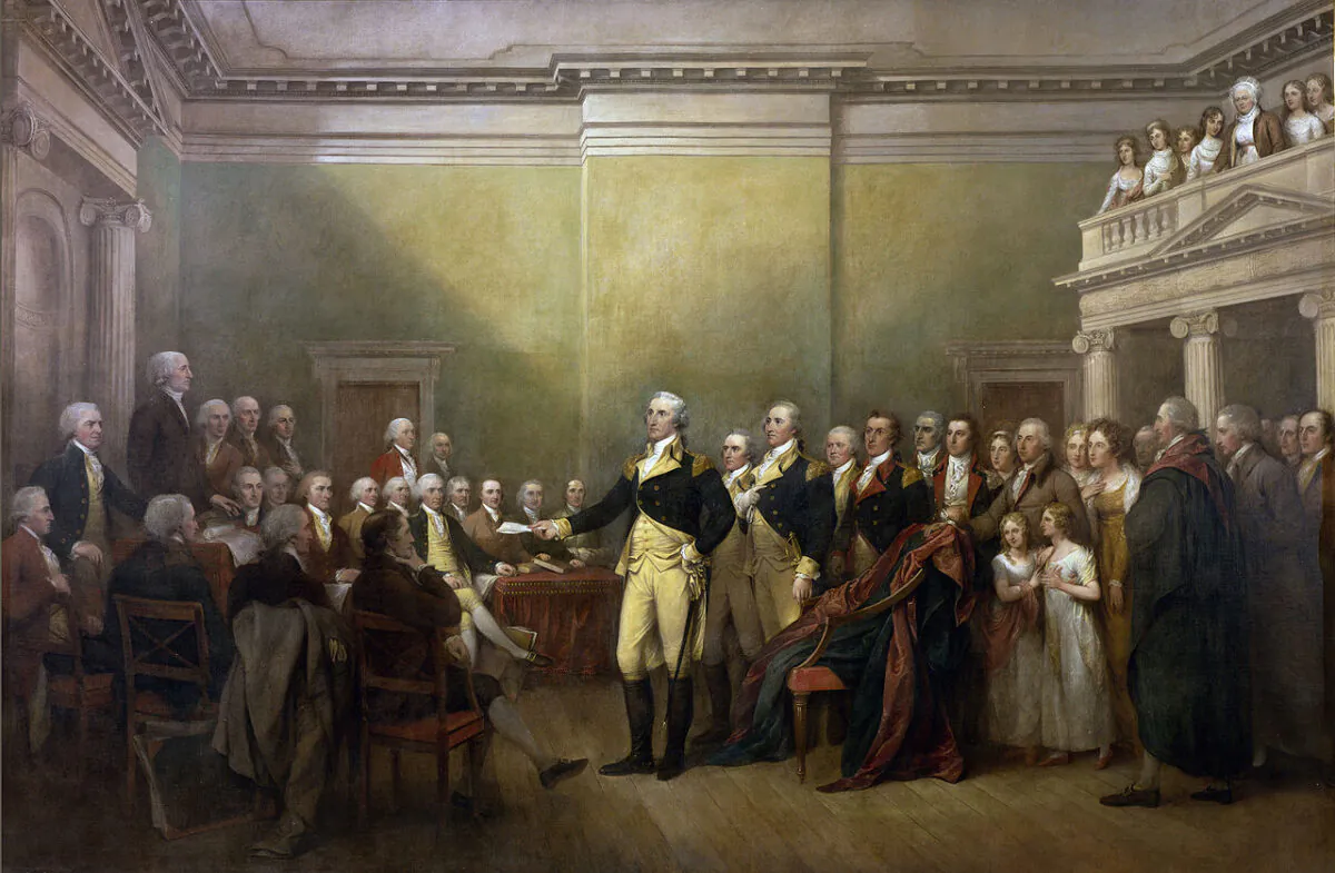 "General George Washington Resigning His Commission" by John Trumbull, 1817–1824. Oil on canvas; 12 feet by 18 feet. United States Capitol. (Public domain)