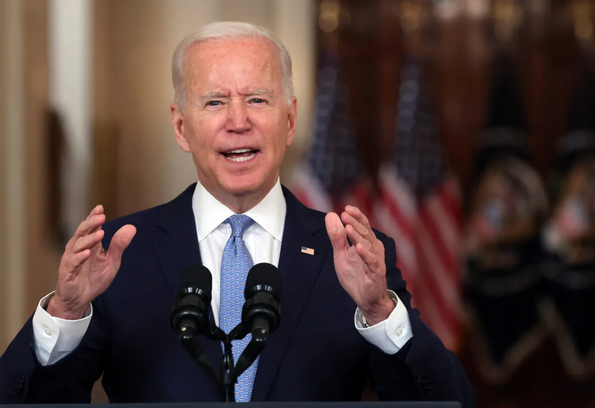 President Joe Biden delivers remarks on the end of the war in Afghanistan in the State Dining Room at the White House on Aug. 31, 2021. (Chip Somodevilla/Getty Images)