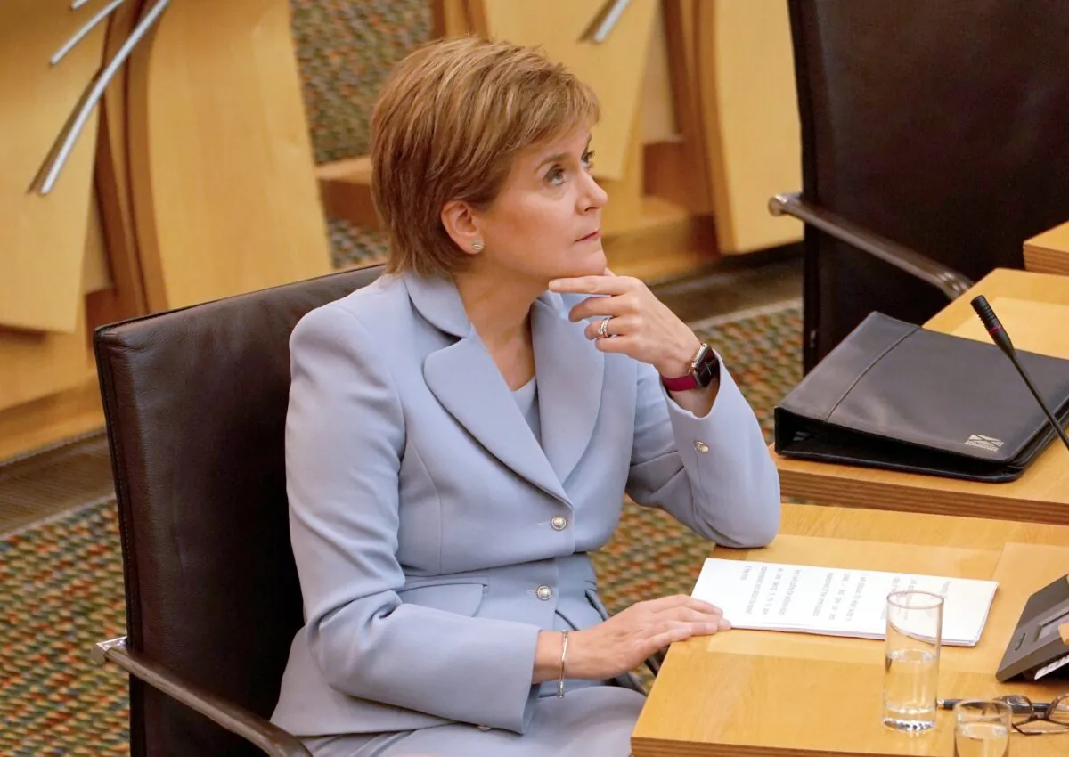 First Minister Nicola Sturgeon speaking in the Scottish Parliament, Edinburgh, UK, on Sept. 1, 2021. (Andrew Milligan/PA)