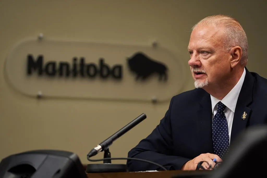 Then Manitoba Education Minister Kelvin Goertzen speaks at a media news conference at the Manitoba Legislative Building, in Winnipeg, Aug. 13, 2020. (The Canadian Press/David Lipnowski)
