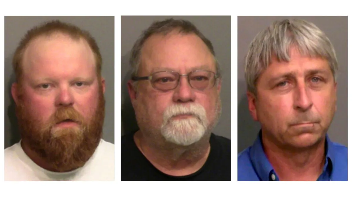 This combo of booking photos shows from left, Travis McMichael, his father Gregory McMichael, and William "Roddie" Bryan Jr. (Glynn County Detention Center via AP)