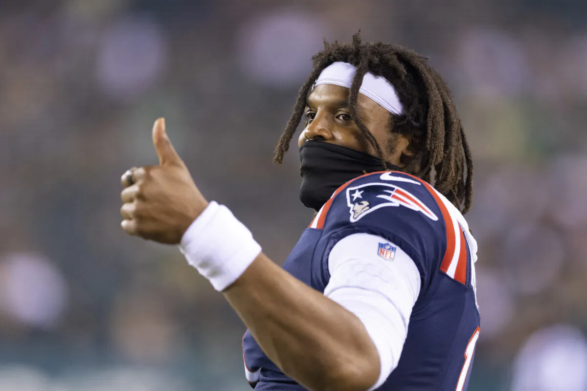 Cam Newton #1 of the New England Patriots gives a thumbs up against the Philadelphia Eagles in the second half of the preseason game at Lincoln Financial Field on Aug. 19, 2021 in Philadelphia, Pennsylvania.(Mitchell Leff/Getty Images)