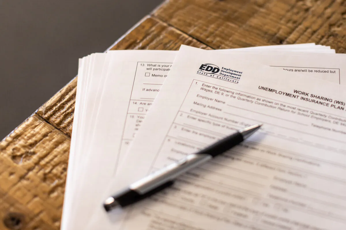 Employment Development Department paperwork in Irvine, Calif., on April 2, 2021. (John Fredricks/The Epoch Times)