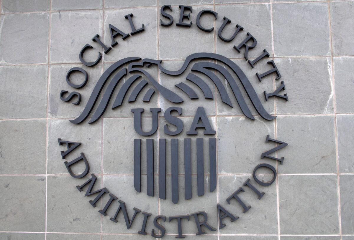 The logo of the U.S. Social Security Administration is seen outside a Social Security building in Burbank, Calif., on November 5, 2020. (Valerie Macon/AFP via Getty Images)