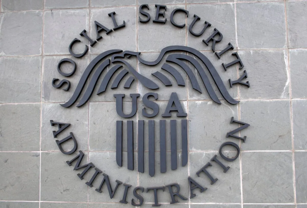 The logo of the U.S. Social Security Administration is seen outside a Social Security building in Burbank, Calif., on Nov. 5, 2020. (Valerie Macon/AFP via Getty Images)