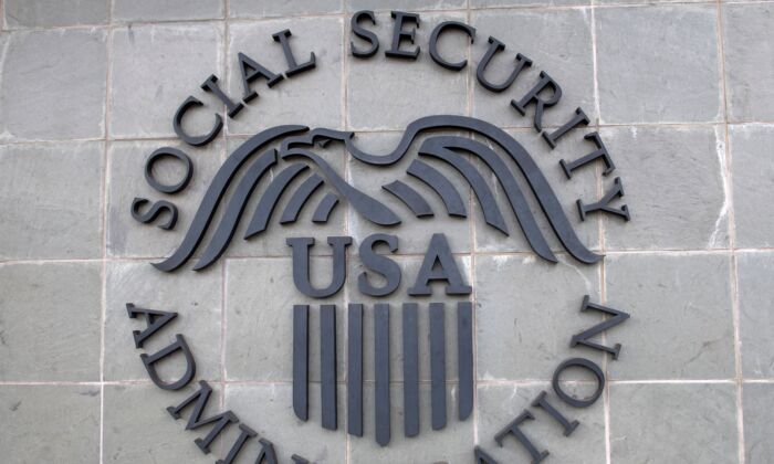 The logo of the U.S. Social Security Administration is seen outside a Social Security building in Burbank, Calif., on Nov. 5, 2020. (Valerie Macon/AFP via Getty Images)
