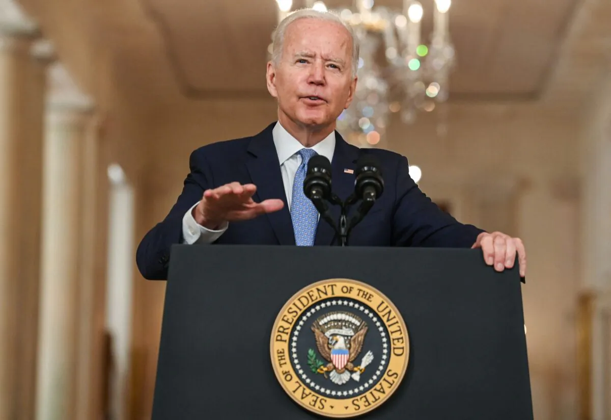 President Joe Biden speaks on ending the war in Afghanistan in the State Dining Room at the White House in Washington on Aug. 31, 2021. (Brendon Smialowski/AFP via Getty Images)