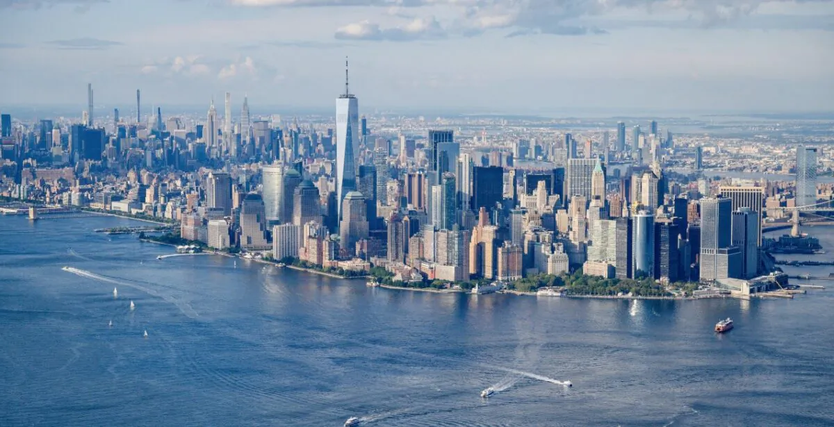 A general view shows the city skyline of lower Manhattan and New York City on Aug. 5, 2021. (Ed Jones/AFP via Getty Images)