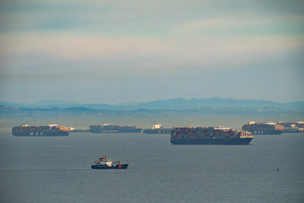 Ships await to come ashore at The Port of Los Angeles, in Long Beach, Calif., on Jan. 12, 2021. (John Fredricks/The Epoch Times)