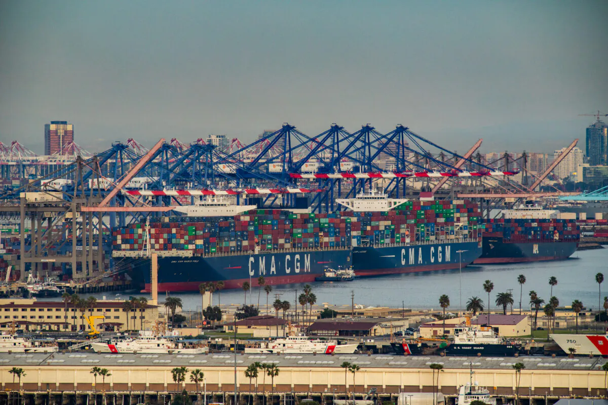 Shipping vessels are docked at The Port of Los Angeles, in Long Beach, Calif., on Jan. 12, 2021. (John Fredricks/The Epoch Times)