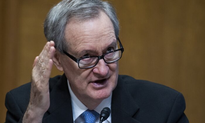 Ranking Member Sen. Mike Crapo (R-Idaho) questions Internal Revenue Service Commissioner Charles Rettig during a Senate Finance Committee hearing on Capitol Hill in Washington on June 8, 2021. (Tom Williams-Pool/Getty Images)