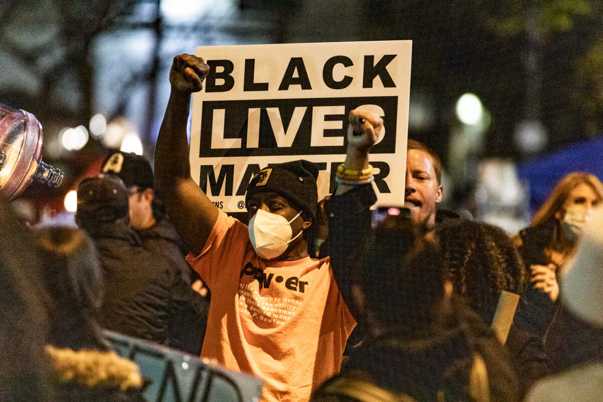 Black Lives Matter protestors in Skid Row, Los Angeles, Calif., on Dec. 30, 2020. (John Fredricks/The Epoch Times)