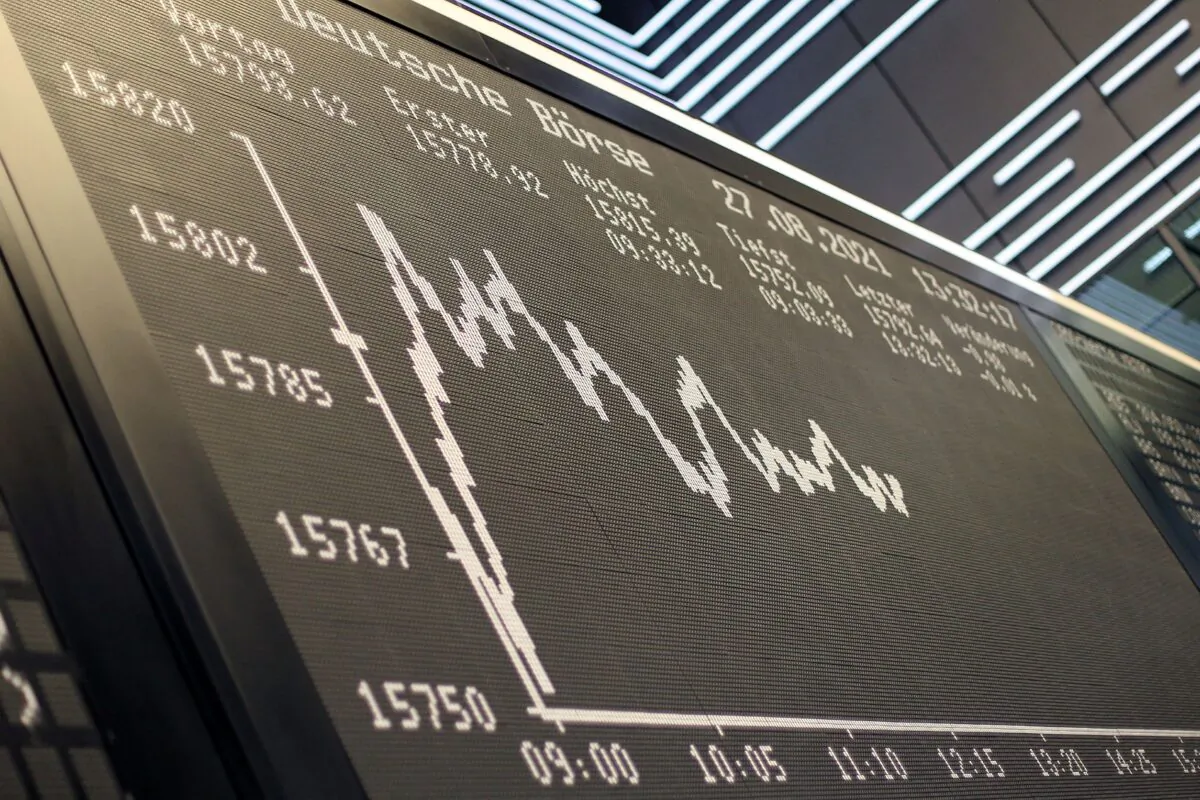 A board displays the chart of Germany's share index DAX at the stock exchange in Frankfurt am Main, western Germany, on Aug. 27, 2021. (Daniel Roland/AFP via Getty Images)