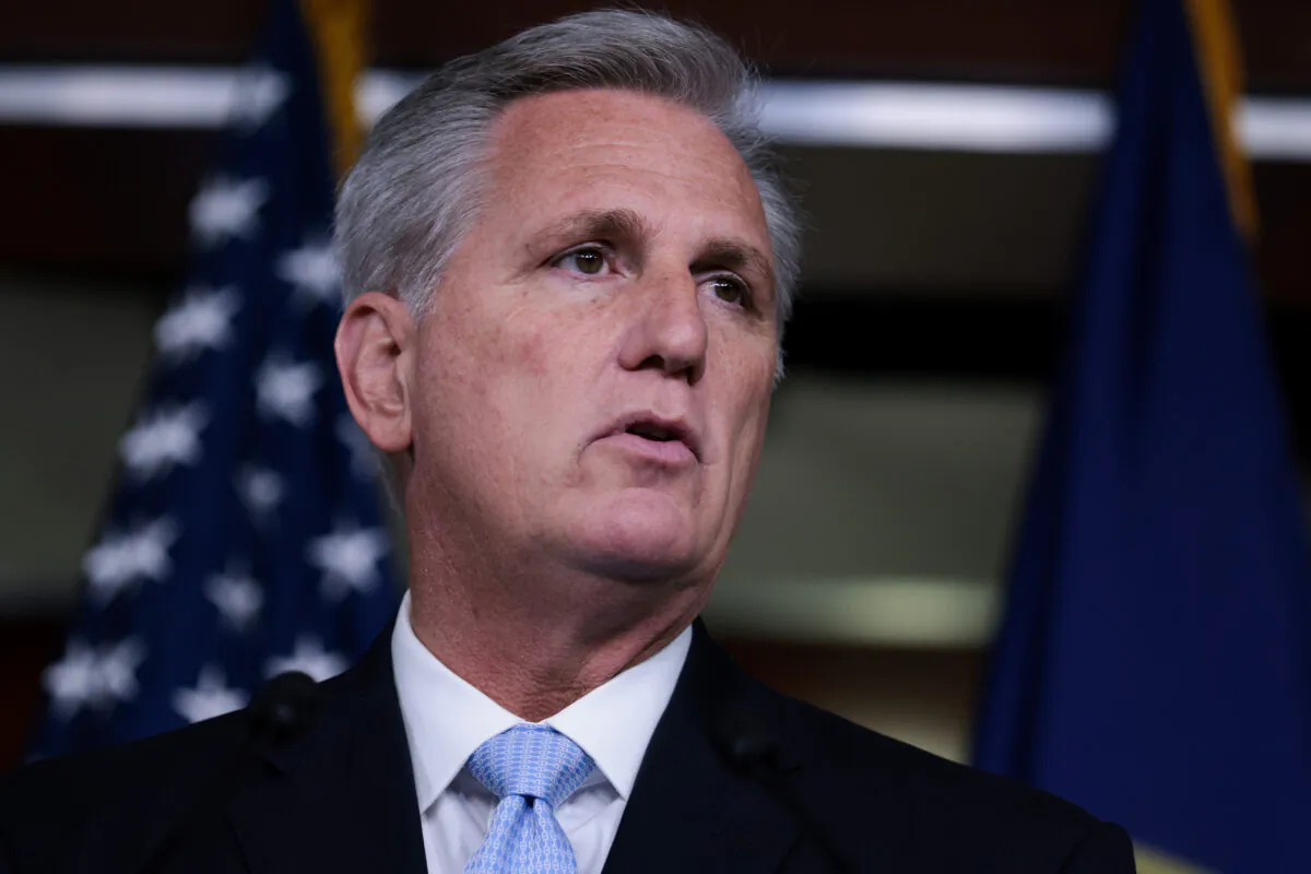 House Minority Leader Kevin McCarthy (R-Cali.), speaks during the Congressional Gold Medal Ceremony to honor the merchant mariners of World War II in Washington May 18, 2022. (Oliver Contreras/Getty Images)