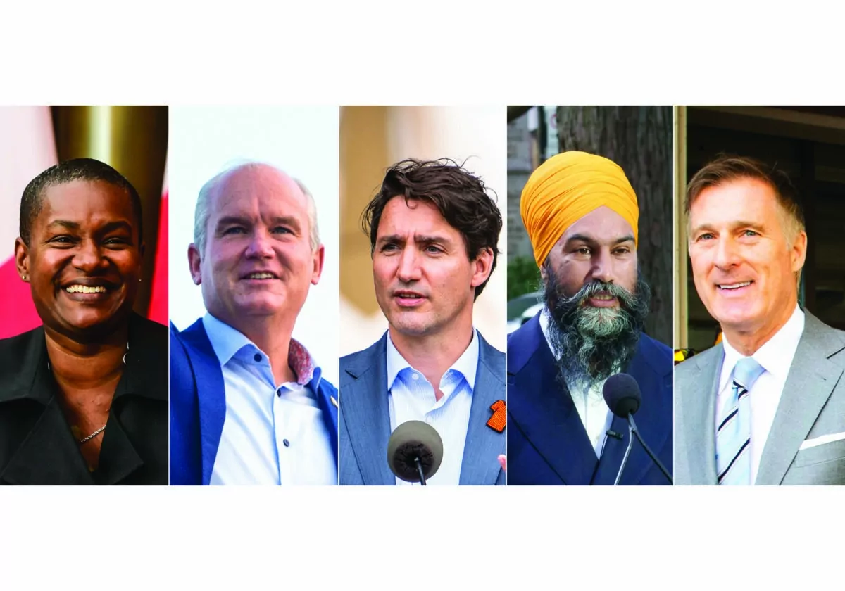 (L-R) Green Party Leader Annamie Paul, Conservative Party Leader Erin O'Toole, Liberal Party Leader Justin Trudeau, NDP Leader Jagmeet Singh, and People's Party Leader Maxime Bernier. (The Canadian Press/ Epoch Times Edit)