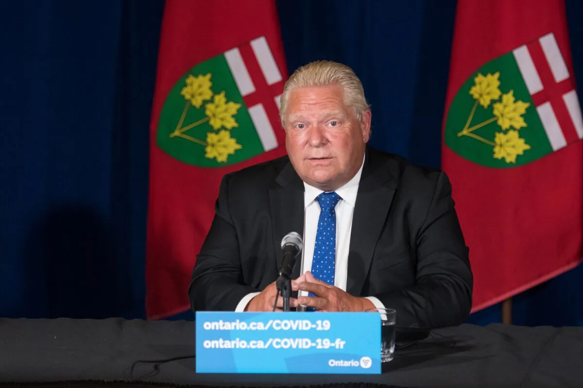 Ontario Premier Doug Ford responds to a question during a press conference announcing the enhanced COVID-19 vaccine certificate system, at Queen's Park in Toronto on Sept. 1, 2021. (The Canadian Press/Tijana Martin)