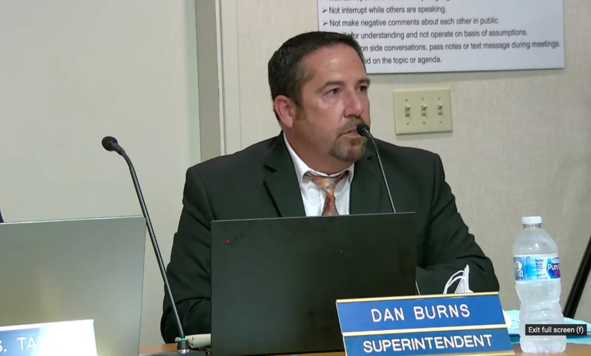 SUHSD Superintendent Dan Burns addresses a packed school board meeting when dozens of parents showed up to demand disciplinary action for students who participated in an incident involving crude and racially insensitive photos and videos of a black baby doll posted on Instagram on Aug. 24, 2021, in Salinas, Calif. (Screenshot via YouTube/SUHSD Official)