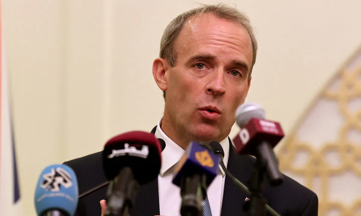 Britain's Foreign Secretary Dominic Raab speaks during a joint press conference with his Qatari counterpart in Doha, Qatar on Sept. 2, 2021. (Karim Jaafar/AFP via Getty Images)