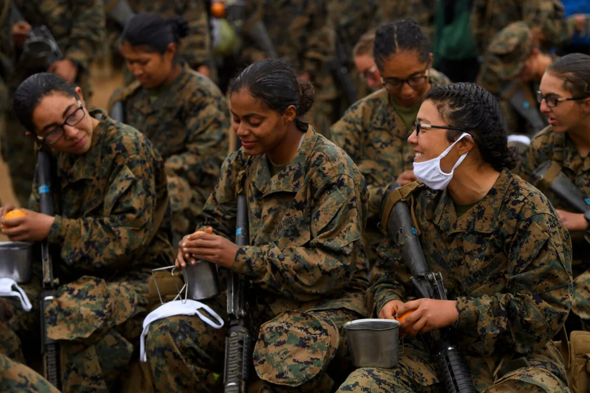 Female United States Marine Corps (USMC) recruits at Camp Pendleton in San Diego County, Calif. on April 22, 2021. (Patrick T. Fallon/AFP via Getty Images)