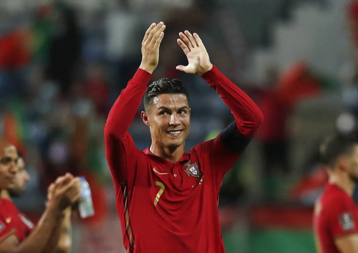 Portugal's Cristiano Ronaldo celebrates after the World Cup 2022 Qualifier match between Portugal and Republic of Ireland at Estadio Algarve in Loule, Portugal, on Sept. 1, 2021. (Pedro Nunes/Reuters)