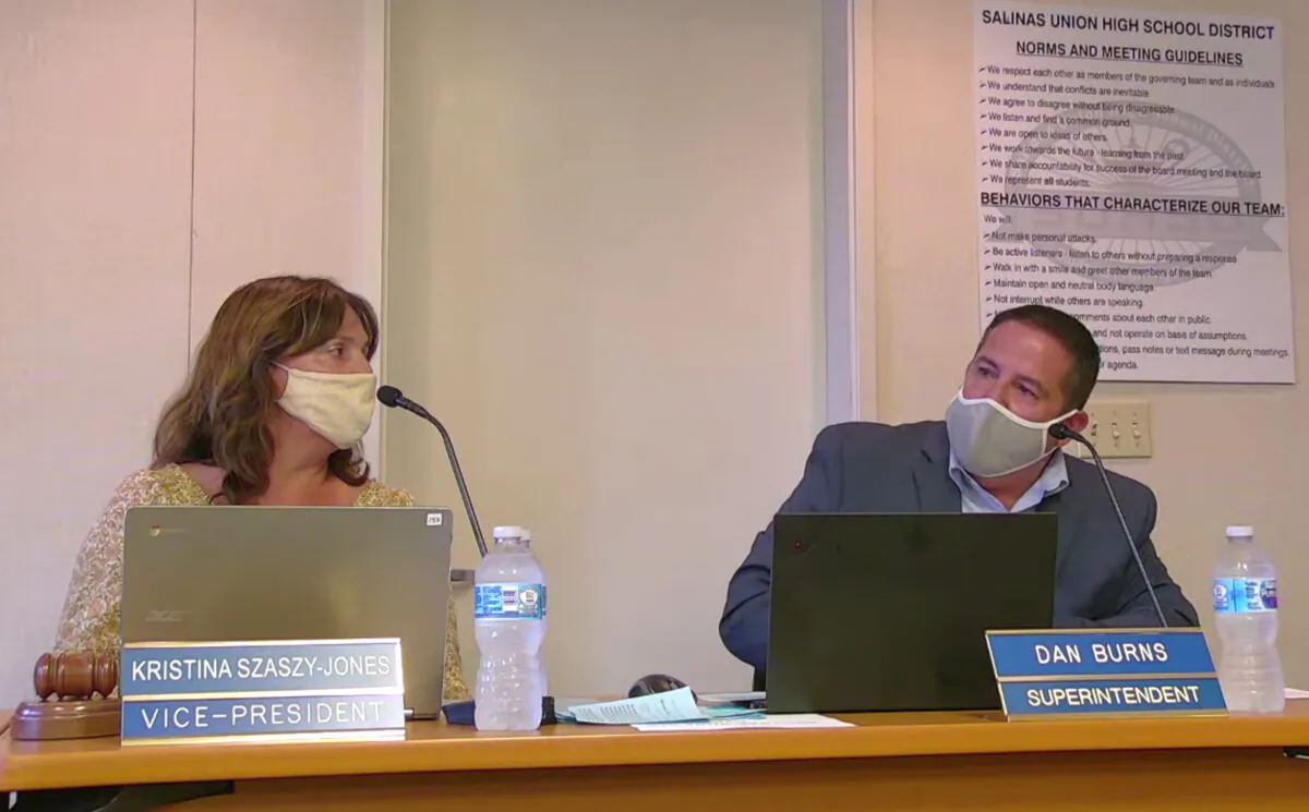 Kristina Szaszy-Jones (L), vice president of the Salinas Union High School District Board, and Dan Burns, superintendent at SUHSD, at a board meeting in Salinas, Calif., on Aug. 10, 2021. (Screenshot via YouTube/SUHSD Official)