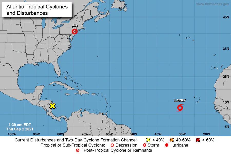 A map showing the tropical cyclones and disturbances in the Atlantic Ocean as of 1:39 a.m. ET on Sept. 2, 2021. (NHC)