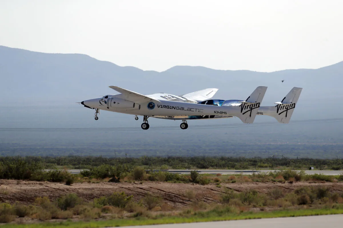 The craft carrying Virgin Galactic founder Richard Branson and other crew members takes off from Spaceport America near Truth or Consequences, N.M. on July 11, 2021.  (Andres Leighton/AP Photo)