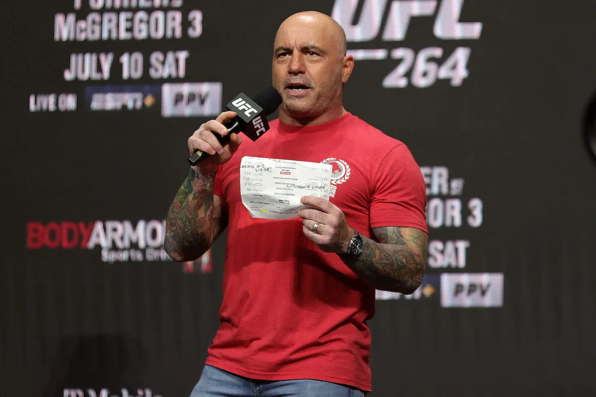 Joe Rogan at a ceremonial weigh in for UFC 264 at T-Mobile Arena in Las Vegas, Nevada, on July 9, 2021. (Stacy Revere/Getty Images)